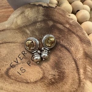 Brighton Gold ATHENA COIN Silver Bottom Knob Earrings, Post, w/Heart Tin